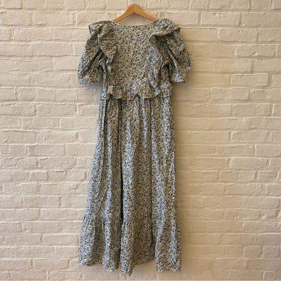 Tuckernuck || Hyacinth House Meadow Floral Puff Sleeve Ruffle Maxi Dress Blue XS