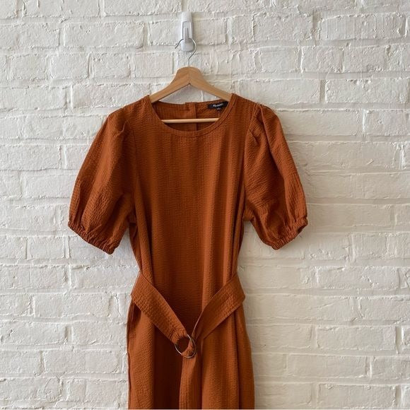 Madewell || Seersucker Belted Midi Dress Orange Large NWT