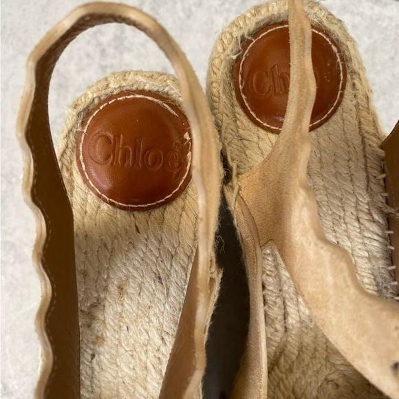 Chloe || Tie Ankle Scalloped Strappy Espadrille Platform Wedge Tan 37