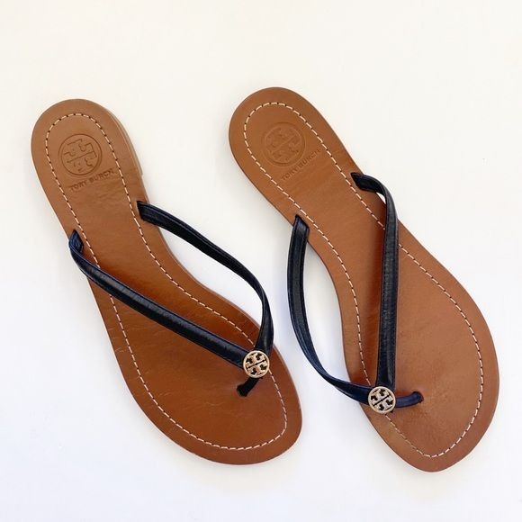 Tory Burch || Terra Leather Thong Sandal Flip Flop Logo Black Gold 8