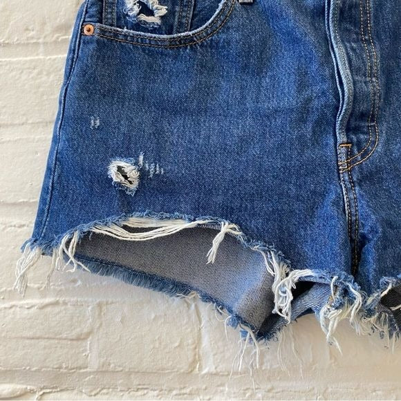 LEVI’S || 501 High Rise Denim Cutoff Shorts Drive Me Crazy Blue Distressed 29