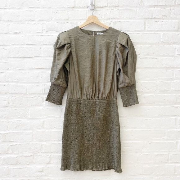 Rebecca Minkoff || Geneva Smocked Puff Sleeve Dress in Army Green Medium