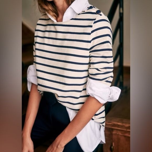 Sezane || Colette Mariniere in Ecru Cream Navy Nautical Breton Stripe Small