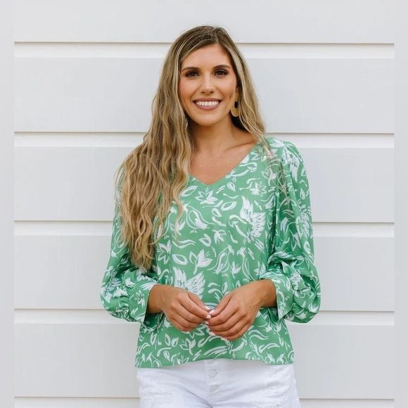 Michelle McDowell || Aspen Top | Fly Away With Me Pine Bird Print Blue Green M