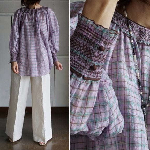 Leur Logette || Smocked Yoke + Cuff Checked Blouse Silk Blend Purple