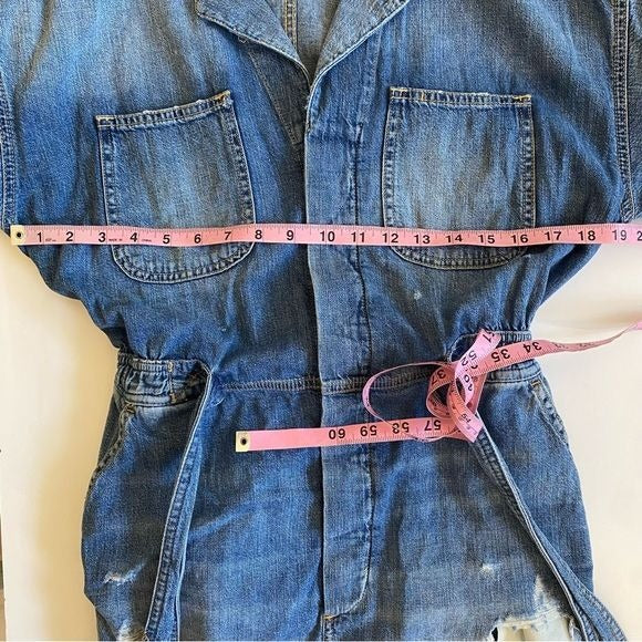 R13 || Mick Belted Distressed Denim Romper Cohen Blue Small