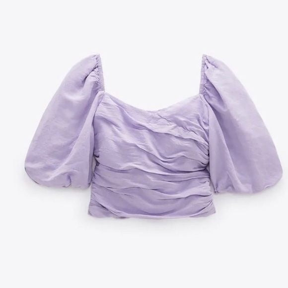 Zara || Draped Ruched Puff Sleeved Top Blouse Lilac Lavender Purple Small