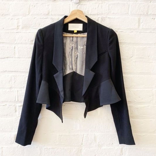 Anthropologie || Leifsdottir Cropped Tuxedo Jacket Peplum Blazer Satin Black 0