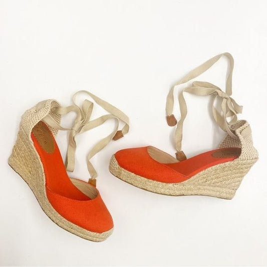 J. Crew || Sardinia Lace-up Tie Espadrille Wedges Modern Red Orange 7