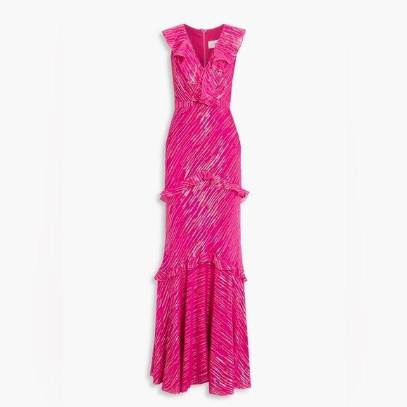 SALONI || Rita Silk Ruffled Gown Metallic Maxi Dress Magenta Pink US 4