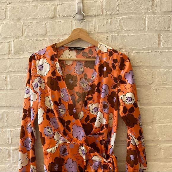 Zara || Floral Satin Faux Wrap Mini Dress Long Sleeve Orange Purple XS