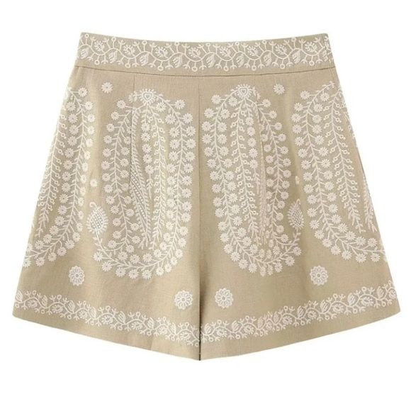 Zara || High Waisted Embroidered Shorts Linen Tan Large