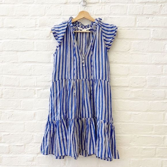 Veronica Beard || Zee Striped Tiered Mini Dress Linen Blend Cobalt Blue 0