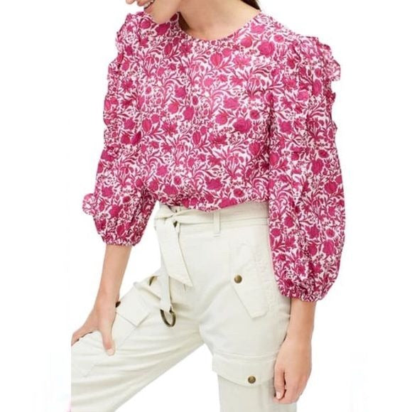 J.Crew x Liberty || Sambourne Floral Ruffle Sleeve Top Azalea Pink White L