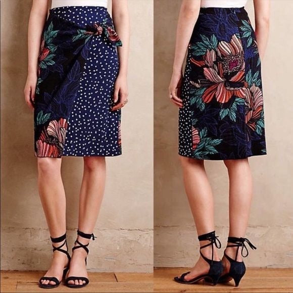 Anthropologie || Maeve Petal Pop Floral Polka Wrap Pencil Skirt Navy 0