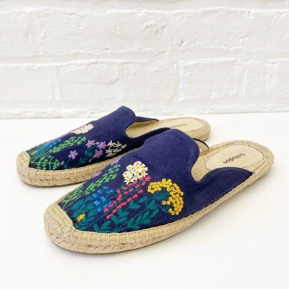 Soludos || Wildflower Embroidered Espadrille Slip On Mules Floral Navy Blue 9