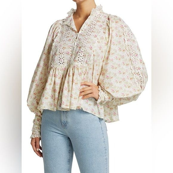 ByTiMo || Eyelet Puff Sleeve Top Blouse Cotton Slub Lace Vintage Floral Ivory M