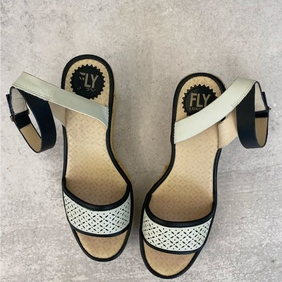 Fly London || Ekal Leather Espadrille Wedges Black + White 39