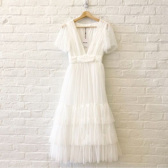 Showpo. || Jiraye Tulle Midi Dress Flutter Sleeve Bridal Tuelle White 4 NWT