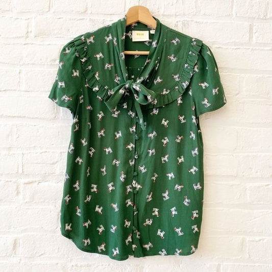 Anthropologie || Maeve Adagio Dog Print Ruffled Blouse Bow Neck Green Small