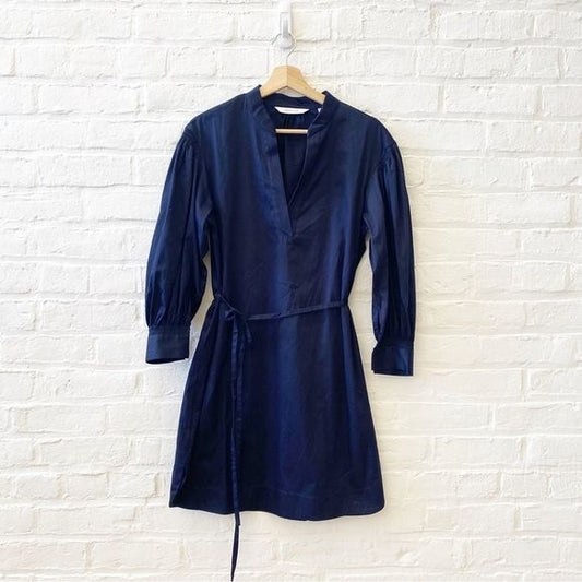 Rebecca Taylor || Balloon Sleeve Tie Waist Shirt Dress Navy Medium