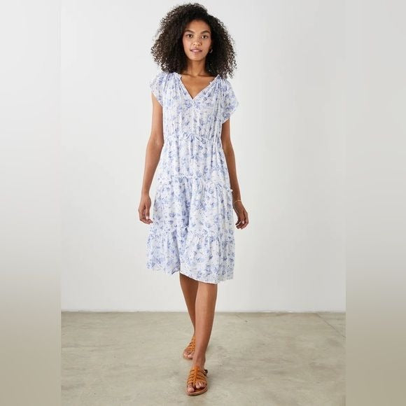 Rails || Juni Midi Dress V-neck Cinched Waist in Blue Blossoms White XS