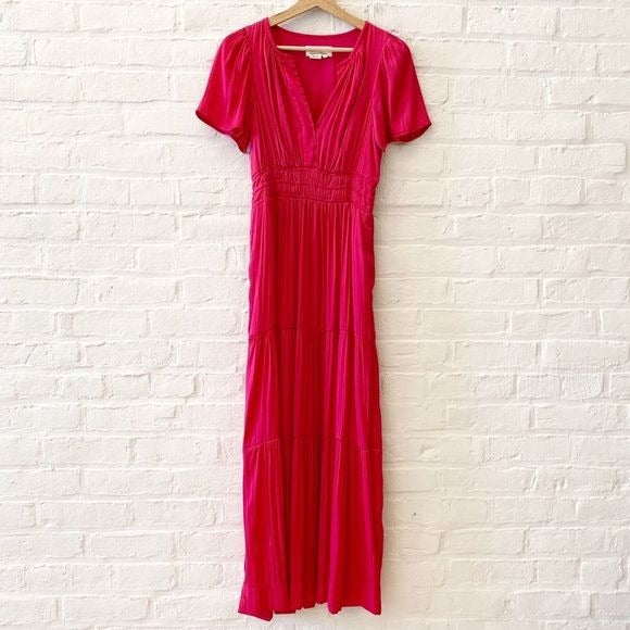 Anthropologie || Somerset Maxi Dress Smocked Waist Flutter Sleeve Pink Satin XS