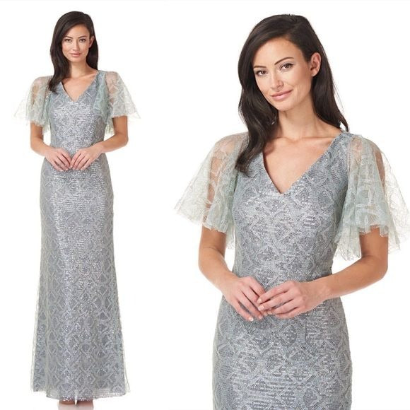 JS Collections || Sequin Lace Cape Gown Sage Blue Green 6 NWT