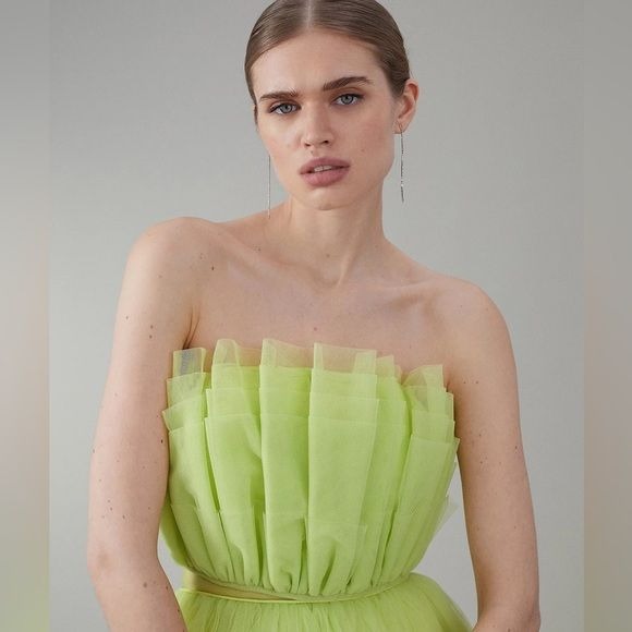 Karen Millen || Layered Corset Detail Tulle Bardot Strapless Top Lime NWT 12