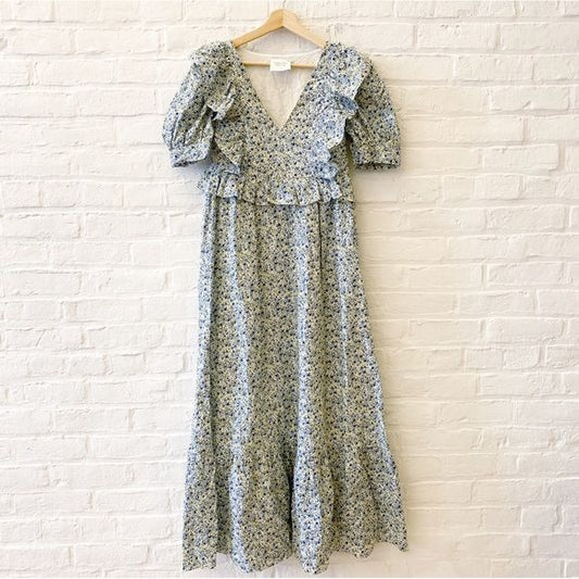 Tuckernuck || Hyacinth House Meadow Floral Puff Sleeve Ruffle Maxi Dress Blue XS