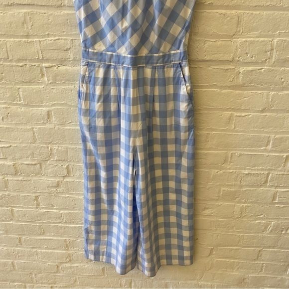 J. Crew || Gingham High-neck Wide Crop Leg Jumpsuit in Cotton Poplin Blue 2