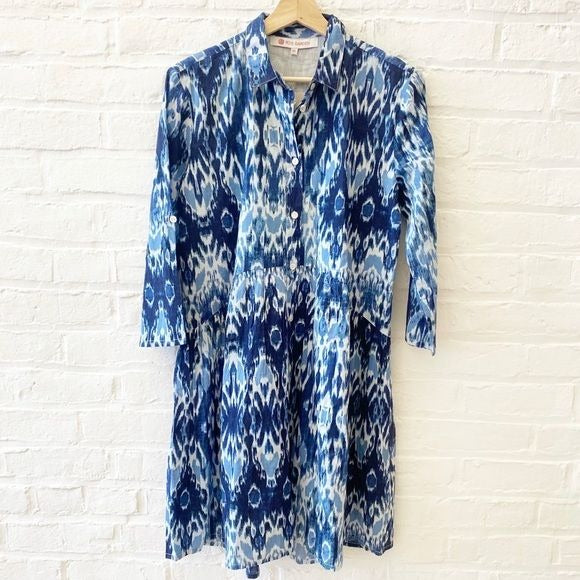 Ro's Garden || Deauville Tyla Tiered A-line Shirt Dress Ikat Blue XS NWT