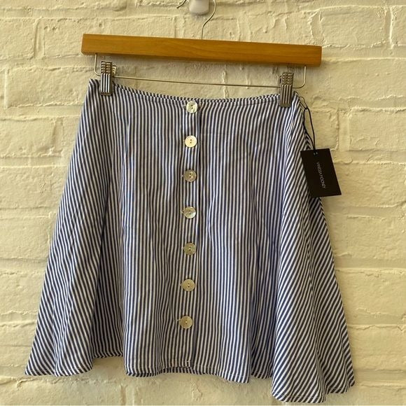 Vanessa Mooney || Celia Bustier Crop Top Button Mini Skirt Set Blue Stripe S NWT