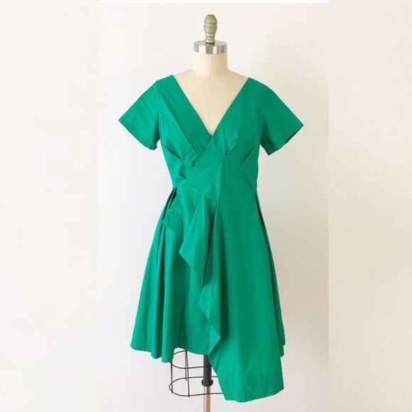 Anthropologie || Maeve Seamed Poplin Origami Pleated Dress Green 14