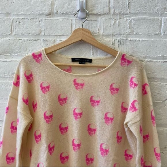 360 Skull Cashmere || Skull Print Crew Sweater Jumper Primrose Hot Pink Ivory M