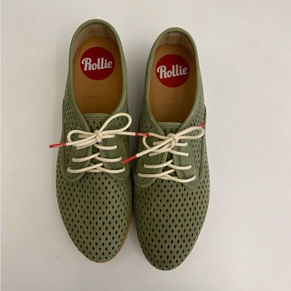 Rollie || Derby Punch Perforated Leather Lace Up Oxfords Flats Green 40