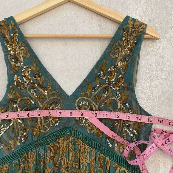 Anthropologie || Ranna Gill Beaded Sequin Paisley Maxi Dress Gown Teal Gold 0