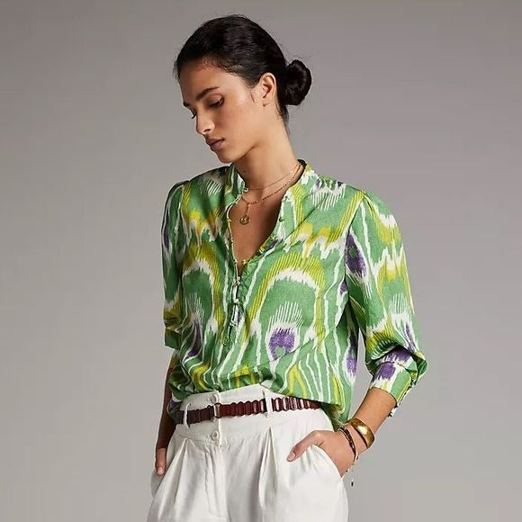 Anthropologie || Sharona Henley Top Blouse Ikat Pattern Green Purple Medium