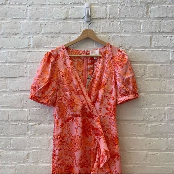 Cinq a Sept || Kay Ruffle Midi Dress English Rose Pink Orange Floral 4 NWT