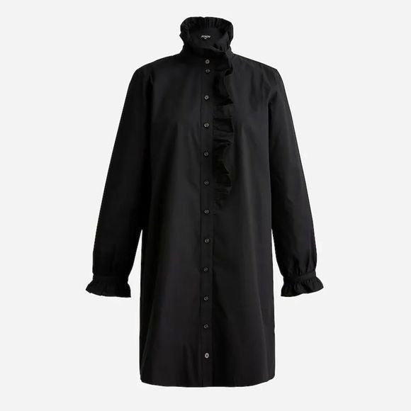 J. Crew || Cottage Shirtdress in Cotton Poplin Ruffle Long Sleeve Black 00