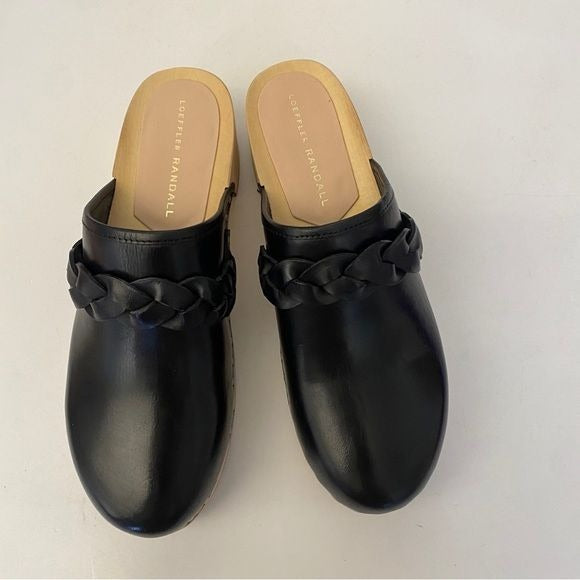 Loeffler Randall || Polina Low-Heel Clogs Braided Leather Wood Black 6 New Box