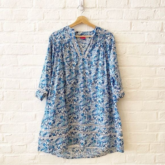 Popie's || Liberty Cotton Island Dress Tunic Floral Ladder Stitch Blue M/L