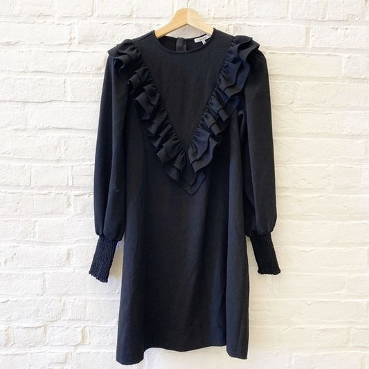 Ganni || Crepe Ruffle Mini Dress Long Sleeves Black 34 US 2