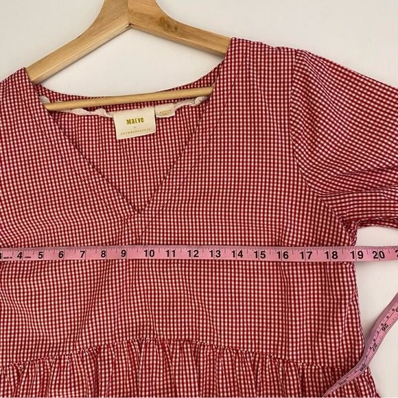 Anthropologie || Maeve Gingham Puff Sleeve Tunic Top V Neck Red White Medium