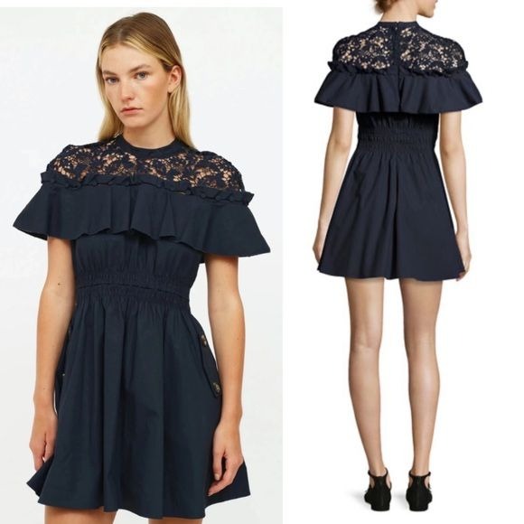 Self-Portrait || Hudson Lace-Yoke Ruffle Smocked Waist Mini Dress Navy Blue 4