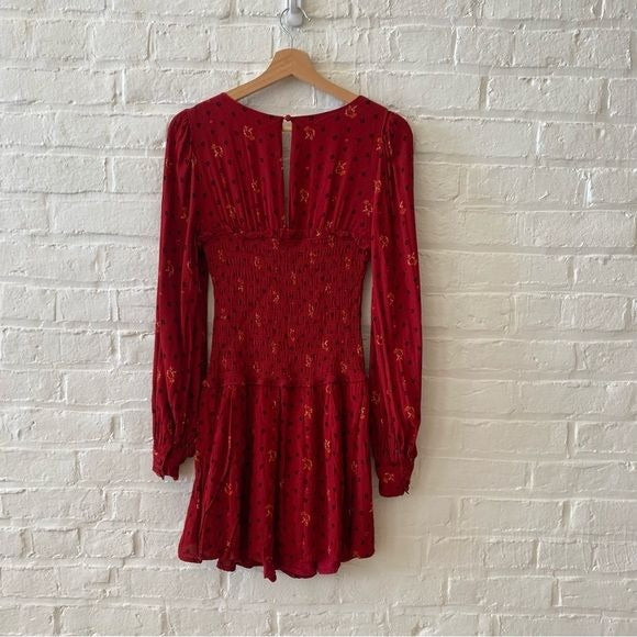 Free People || Two Faces Smocked Mini Dress Red XS