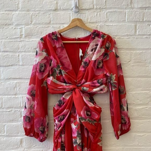 Anthropologie || Ranna Gill Long Sleeve Cutout Midi Dress Floral Red Pink S NWT