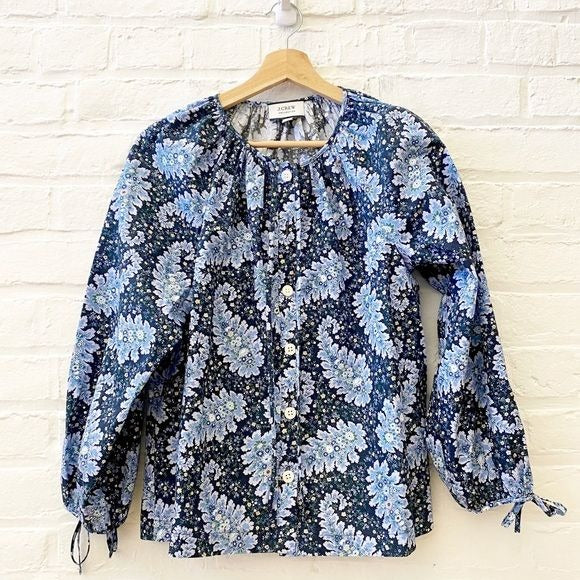 J.Crew Collection || Tie-Sleeve Button-Front Top Ratti Pacific Paisley Blue S