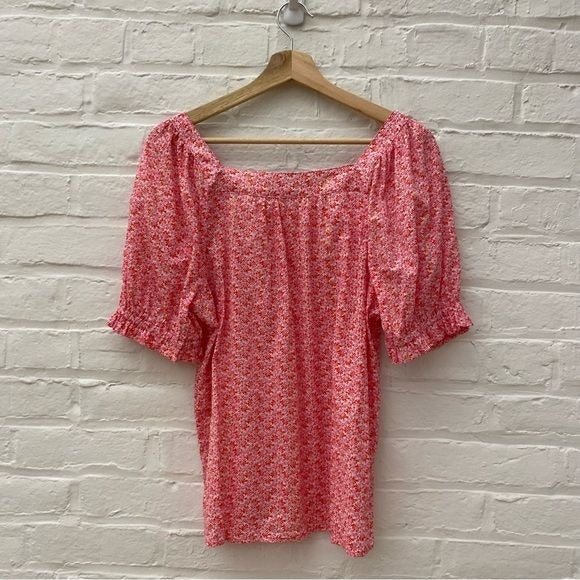 LOFT || Floral Square Neck Puff Sleeve Top Pink Metallic Medium