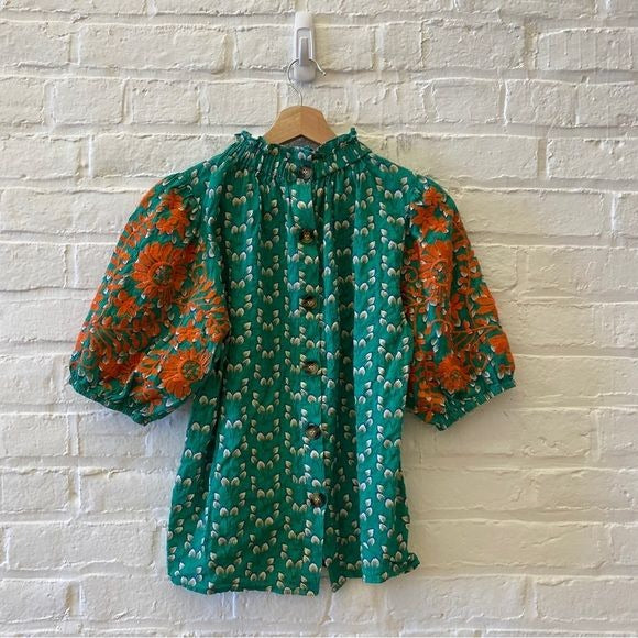 THML || Embroidered Puff Sleeve Blouse Top Button Back Floral Green Medium